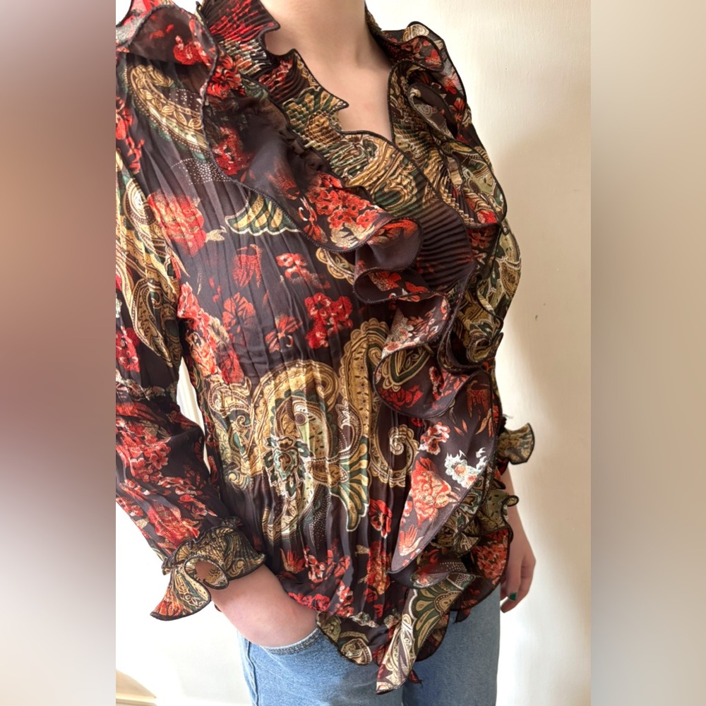 Vintage 90s Laura Petites Ruffled Button Front Pleated Floral and Paisley Blouse - Picture 6 of 15